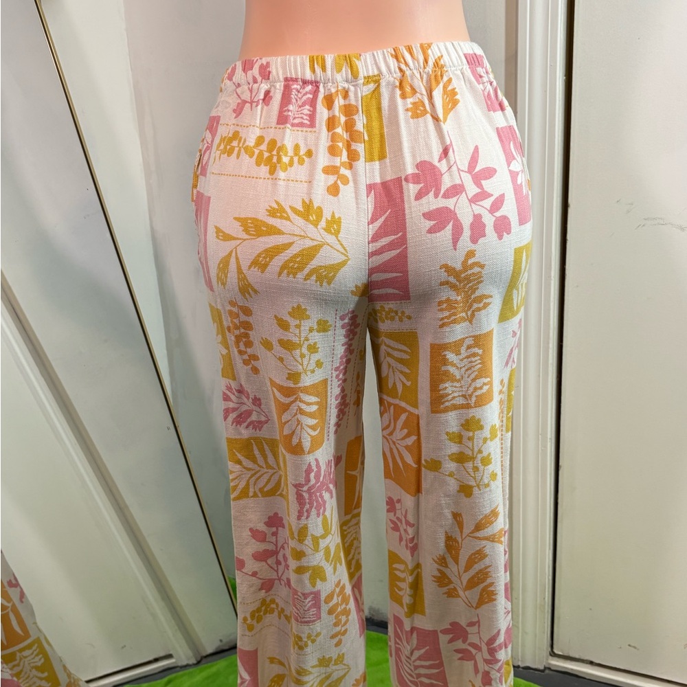 Sienna Sky Pink and Yellow Leaf Print Wide Leg Pants